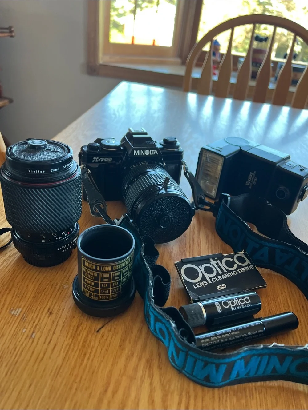 Minolta X-700 Film Camera with Black/Blue Strap, lens, adapter, auto thyristor